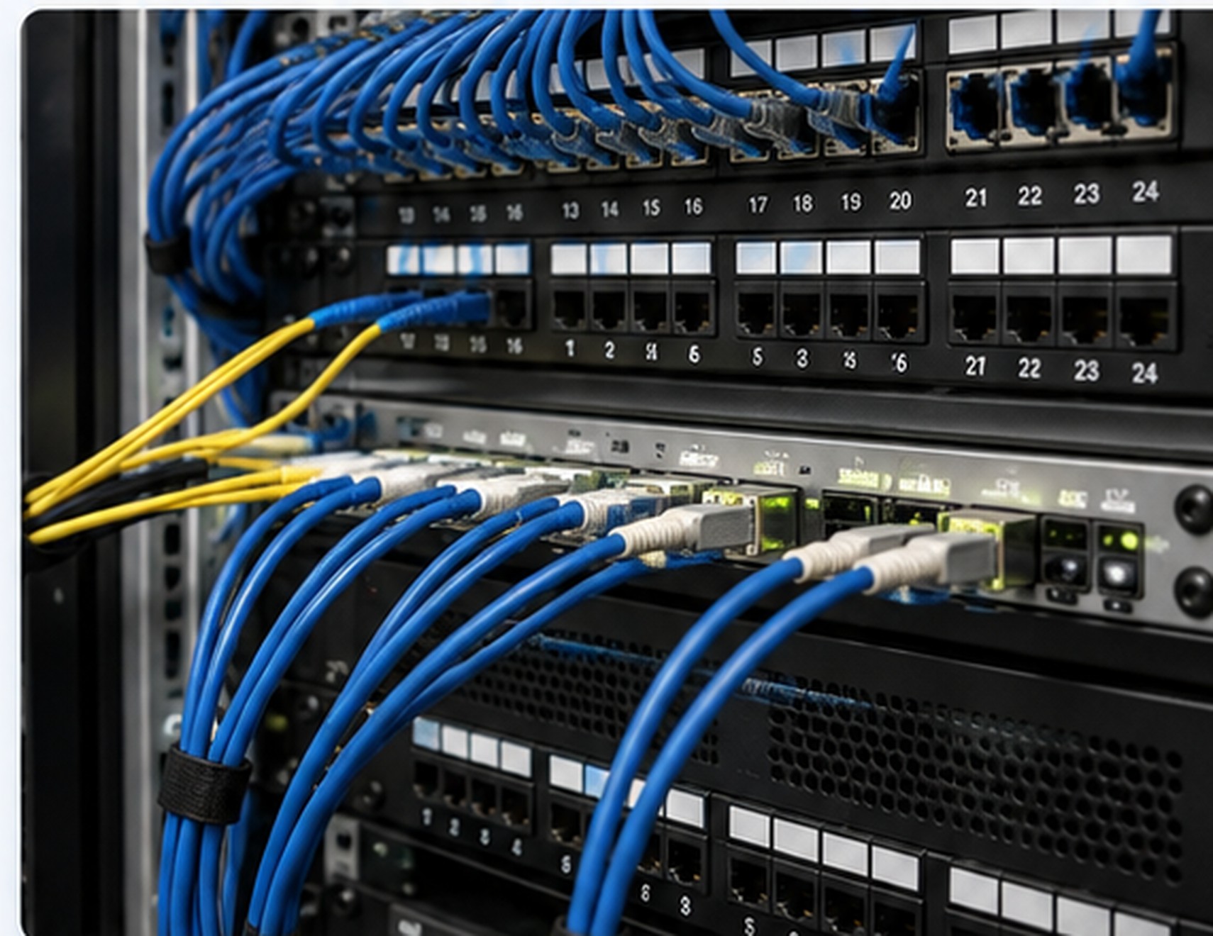 Structured cabling rack with fiber and Ethernet connections